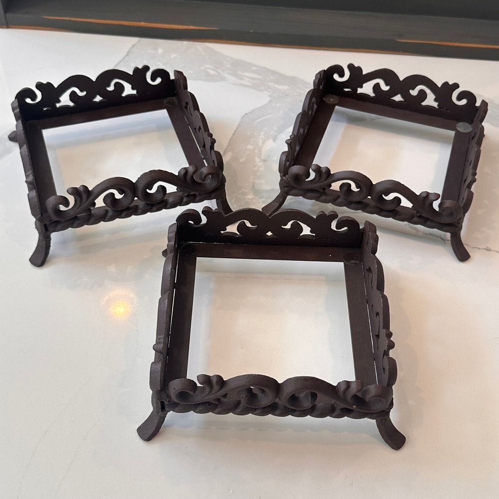 Vintage Cast Iron Scrollwork Pedestal Risers Set 3 Rustic French Country Stands